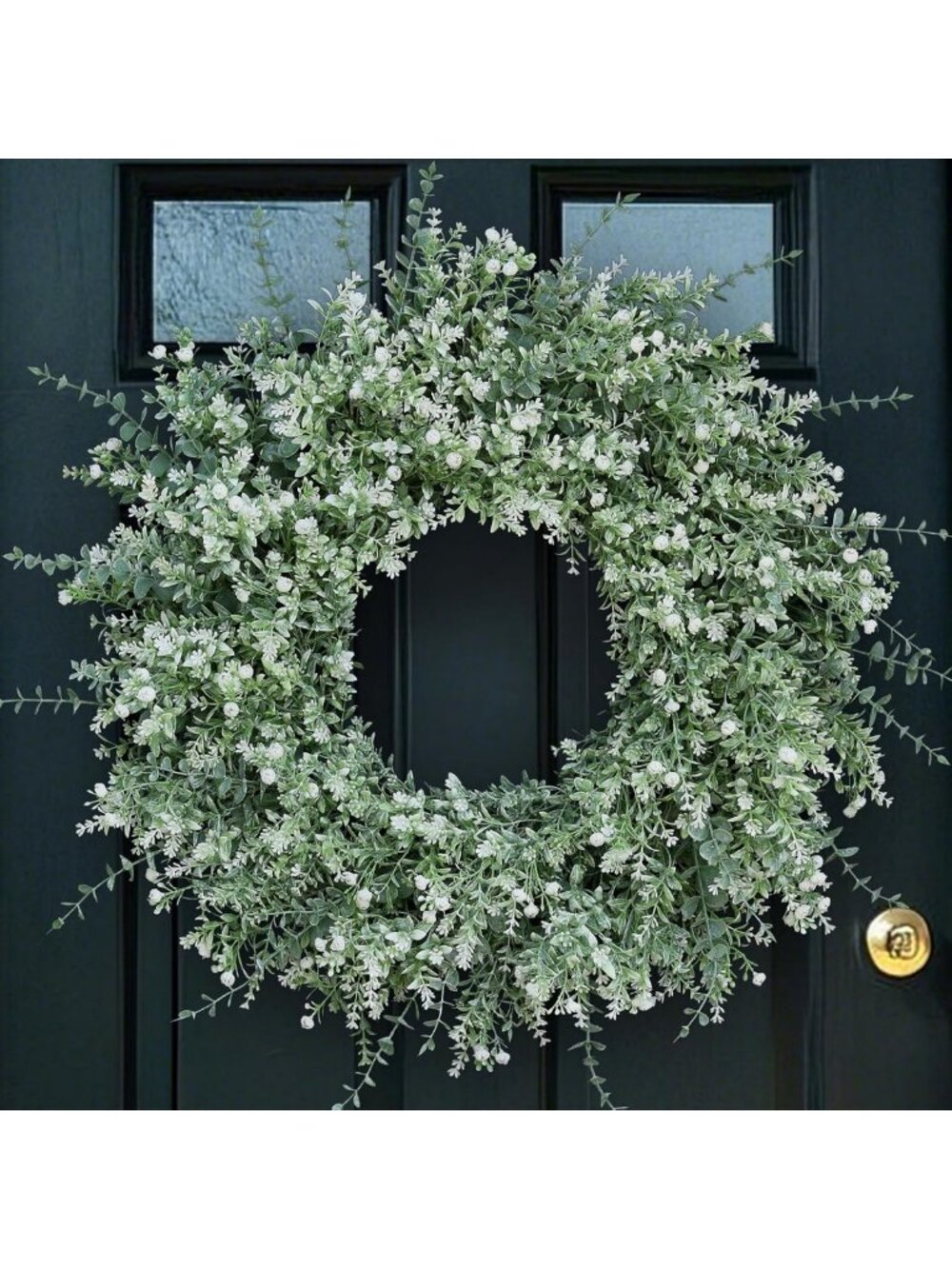 26” Large Eucalyptus Wreath for Front Door Decor - Green & White Floral Accent